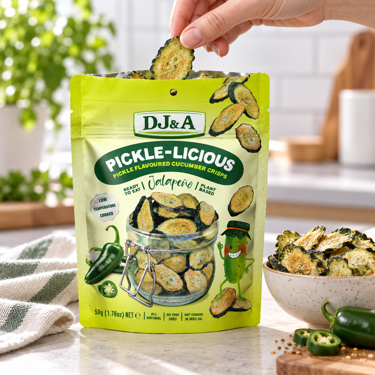 DJ & A Pickle-licious Jalapeno 50g pack, a savoury cucumber snack.