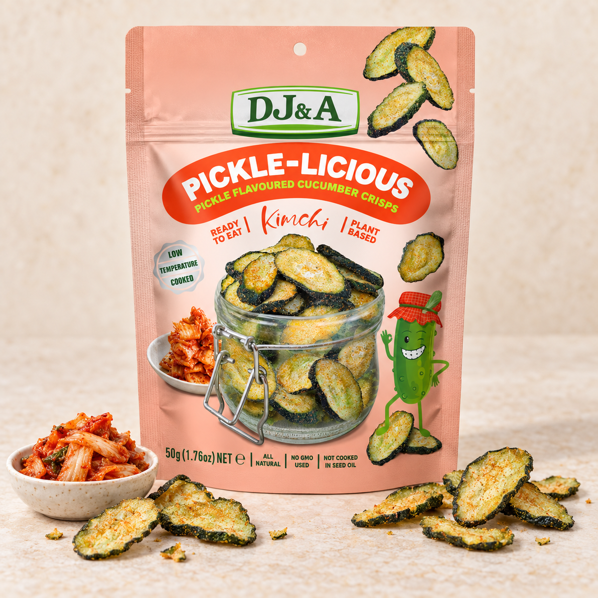 Bag of DJ & A Pickle-licious Kimchi, a tangy cucumber snack.