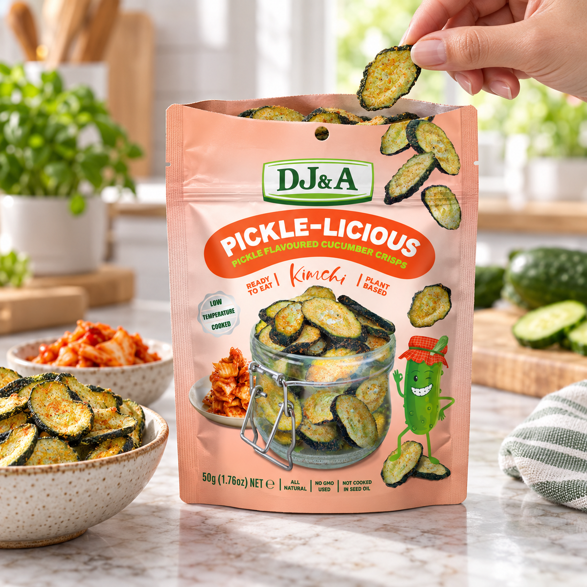 DJ & A Pickle-licious Kimchi 50g pack, a savoury cucumber snack.