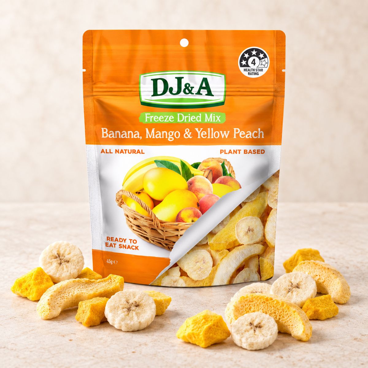 Bag of DJ & A Freeze Dried Banana, Mango & Peach, a fruity snack.