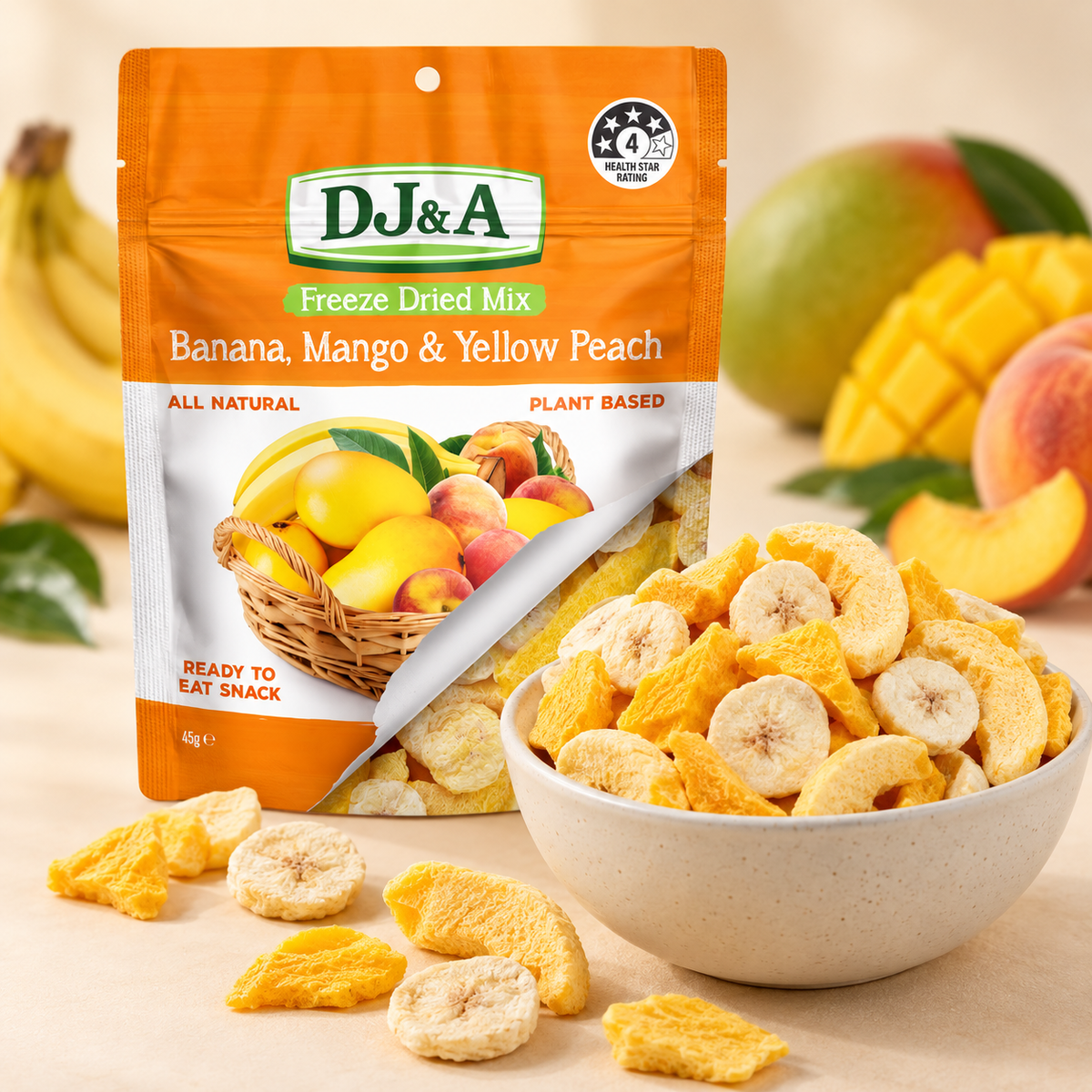 Close-up of DJ & A Freeze Dried Banana, Mango & Peach pieces.