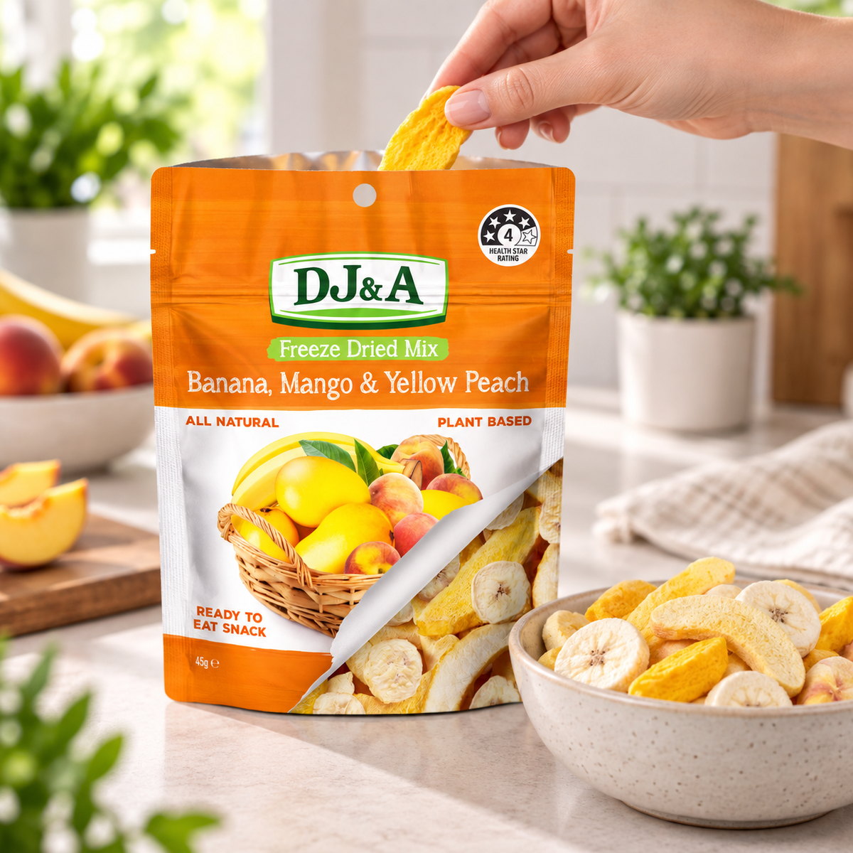 DJ & A Freeze Dried Banana, Mango & Peach 45g pack, a healthy snack.