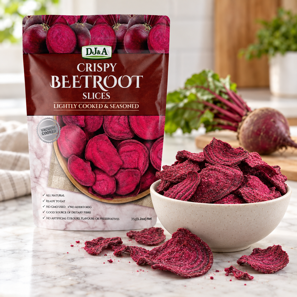 DJ & A Crispy Beetroot Slices pack shown with the crunchy beetroot crisps.