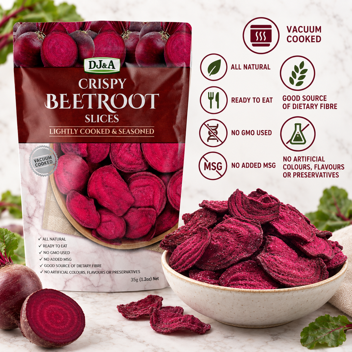A bag of DJ & A Crispy Beetroot Slices, plant-based vegetable crisps.
