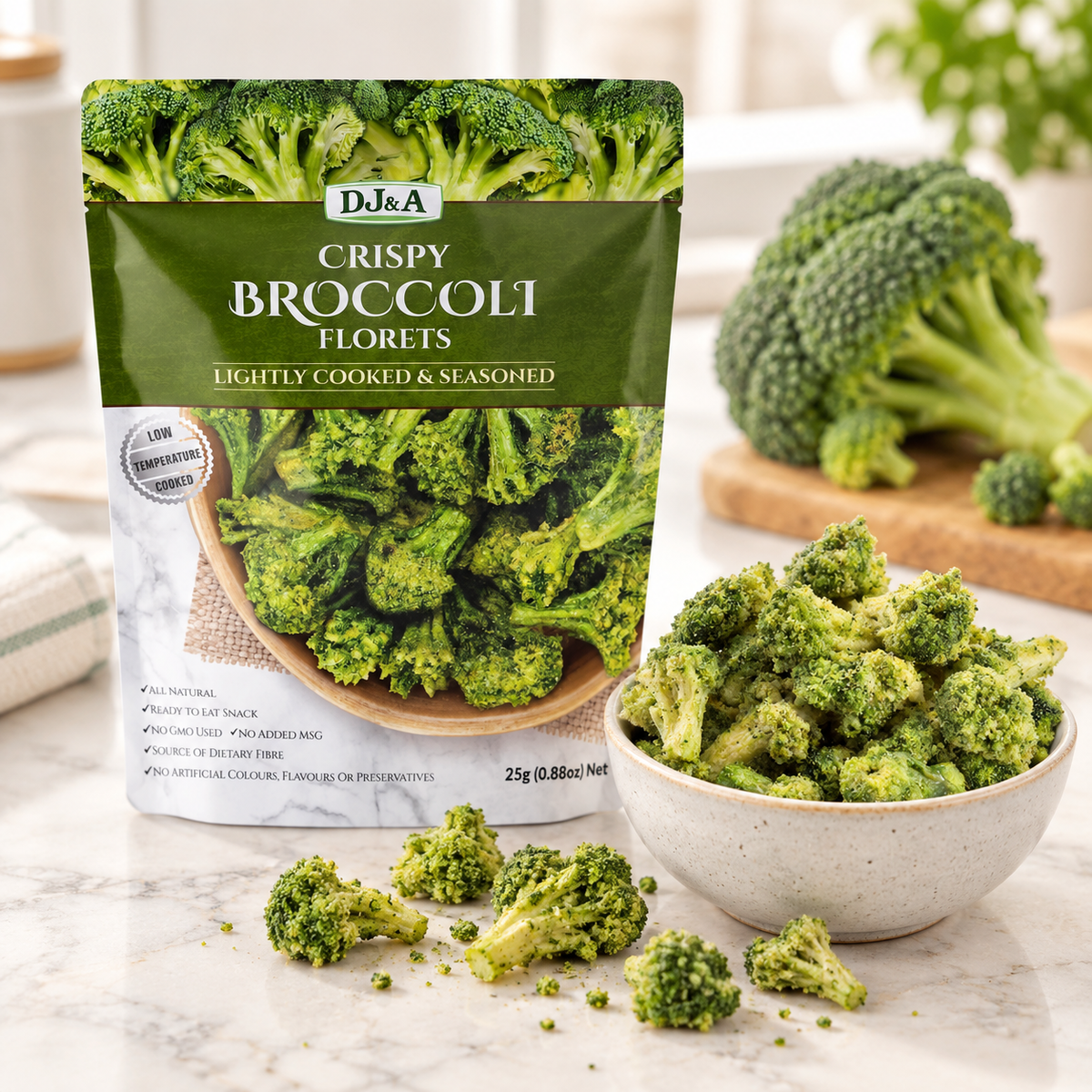 DJ & A Broccoli Florets pack shown with a bowl of the crunchy vegetable crisps.