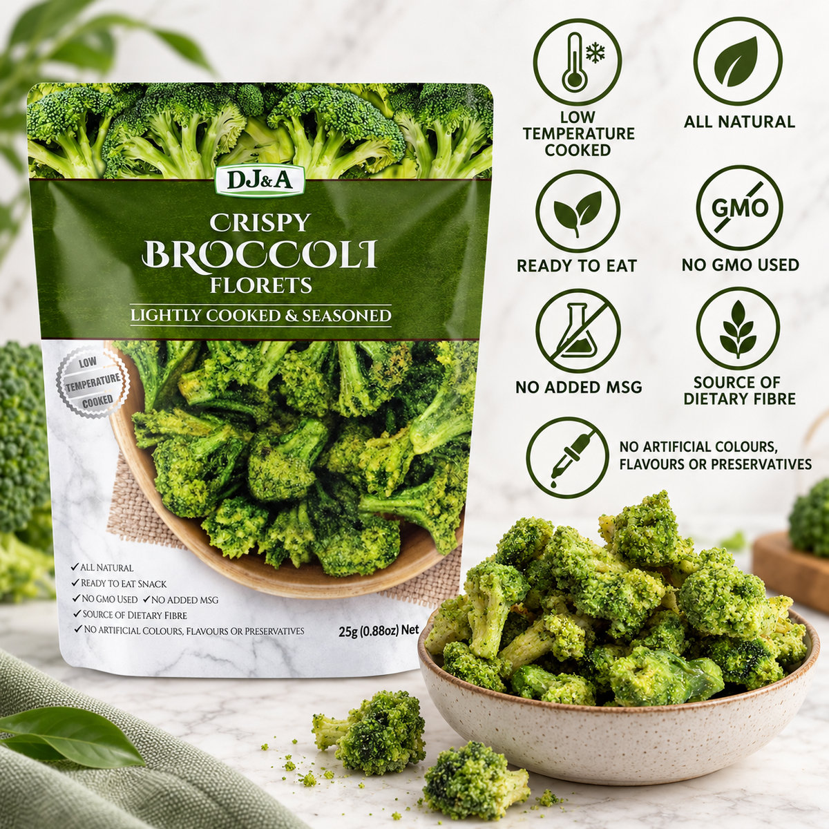 A bag of DJ & A Broccoli Florets, plant-based vegetable crisps.