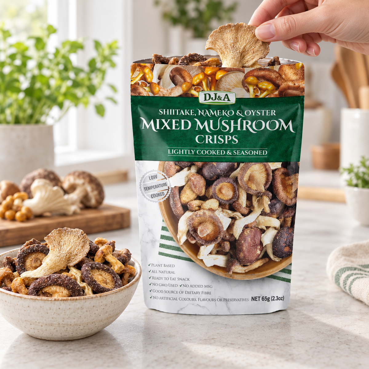 A bag of DJ & A Mixed Mushroom Crisps, 65g.