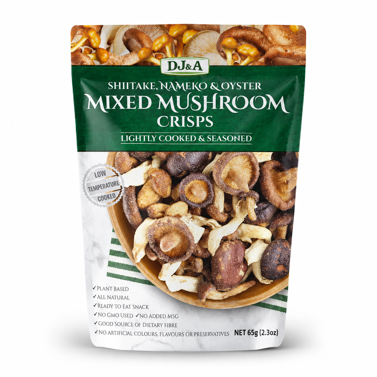 DJ & A Mixed Mushroom Crisps, 65g pack - shiitake, nameko and oyster mushroom crisps.