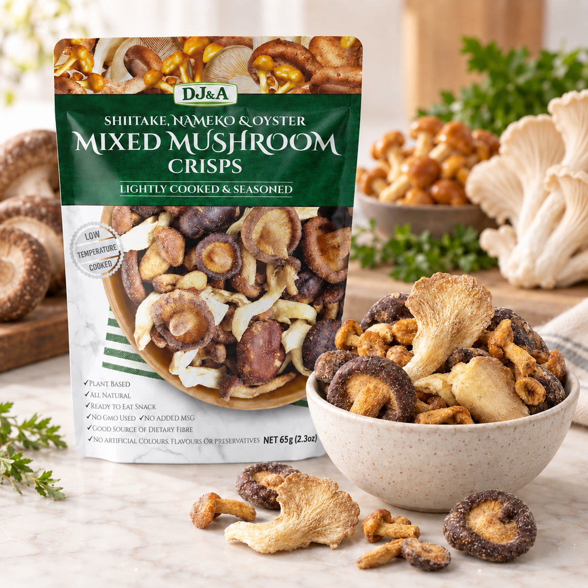 DJ & A Mixed Mushroom Crisps 65g pack, a savoury vegan snack.