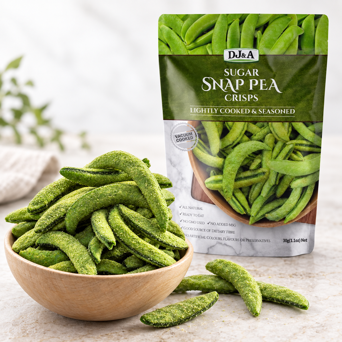 DJ & A Sugar Snap Pea Crisps pack shown with the crunchy pea crisps.