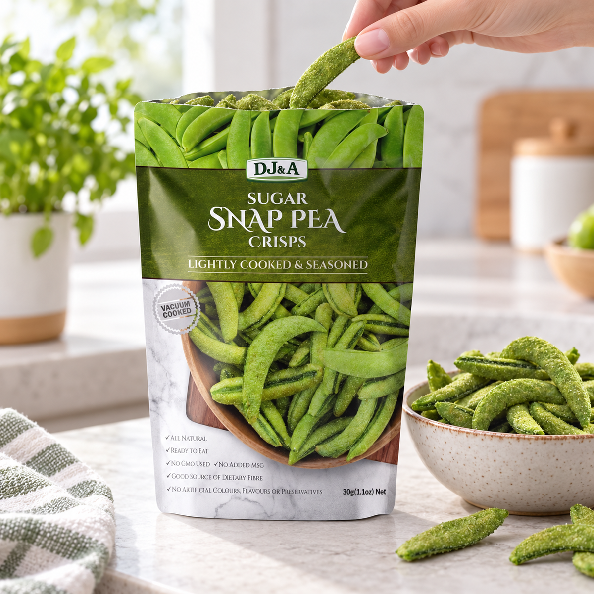 Close-up of DJ & A Sugar Snap Pea Crisps, a vegan vegetable snack.