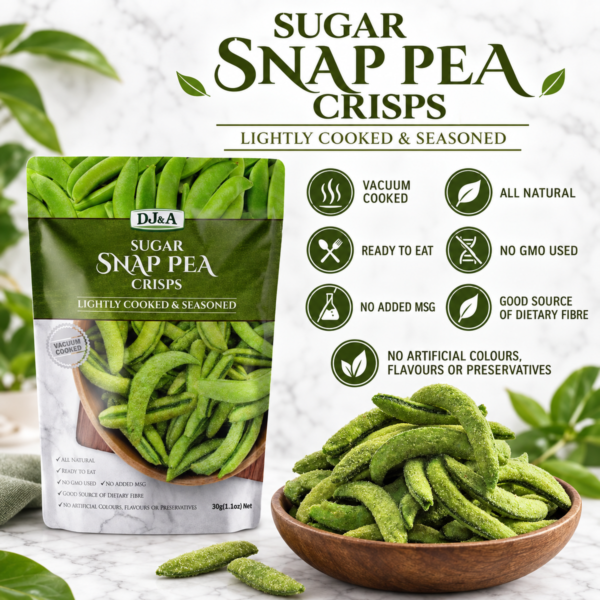 A bag of DJ & A Sugar Snap Pea Crisps, 30g.