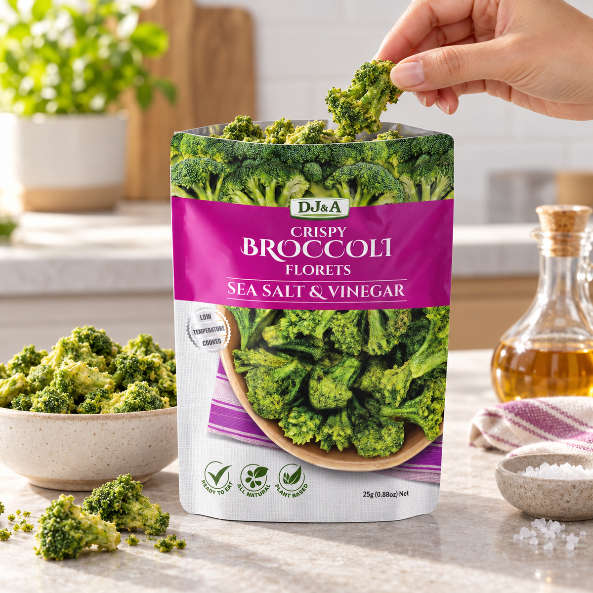 DJ & A Broccoli Florets Salt & Vinegar, a crunchy vegan snack pack.