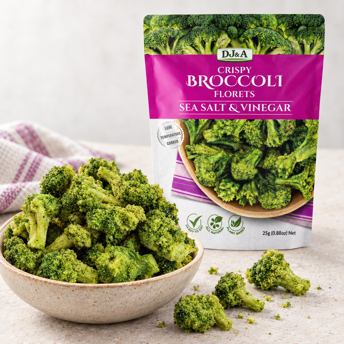 Close-up of DJ & A Broccoli Florets Salt & Vinegar vegetable crisps.