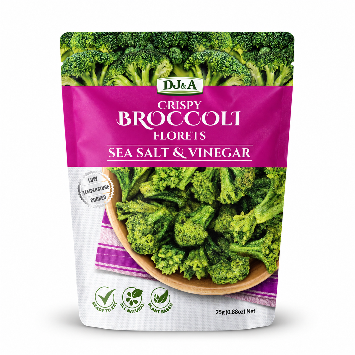 DJ & A Broccoli Florets, Salt & Vinegar flavour, 25g pack - plant-based vegetable crisps.