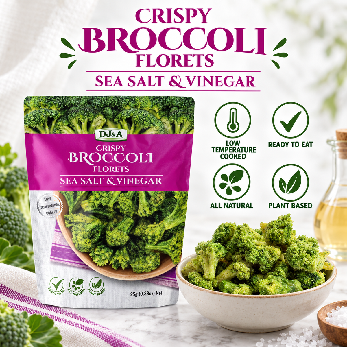 A bag of DJ & A Broccoli Florets, Salt & Vinegar flavour.