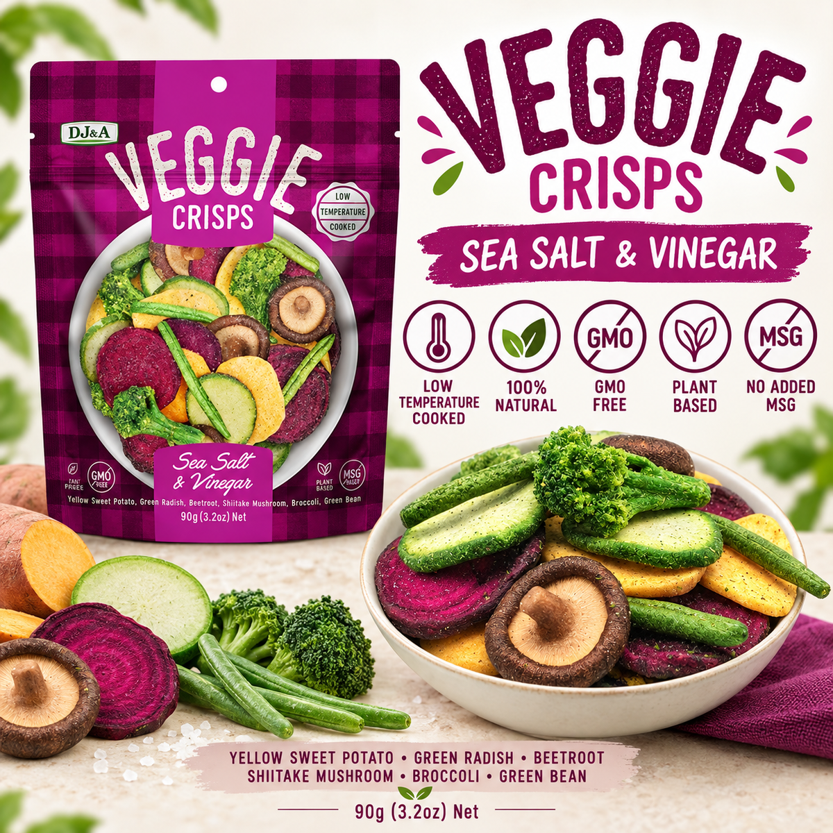A bag of DJ & A Veggie Crisps, Salt & Vinegar flavour.