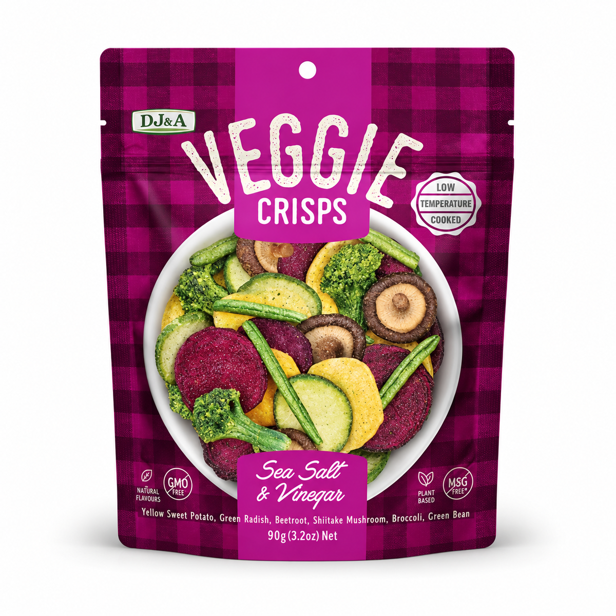 DJ & A Veggie Crisps, Salt & Vinegar flavour, 90g pack - plant-based vegetable crisps.