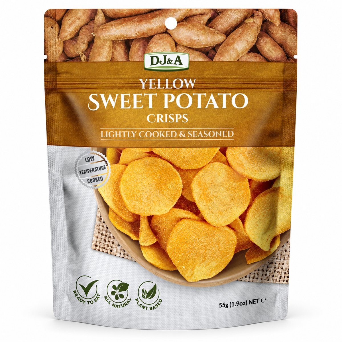 DJ & A Yellow Sweet Potato Crisps, 55g pack - plant-based vegetable crisps.