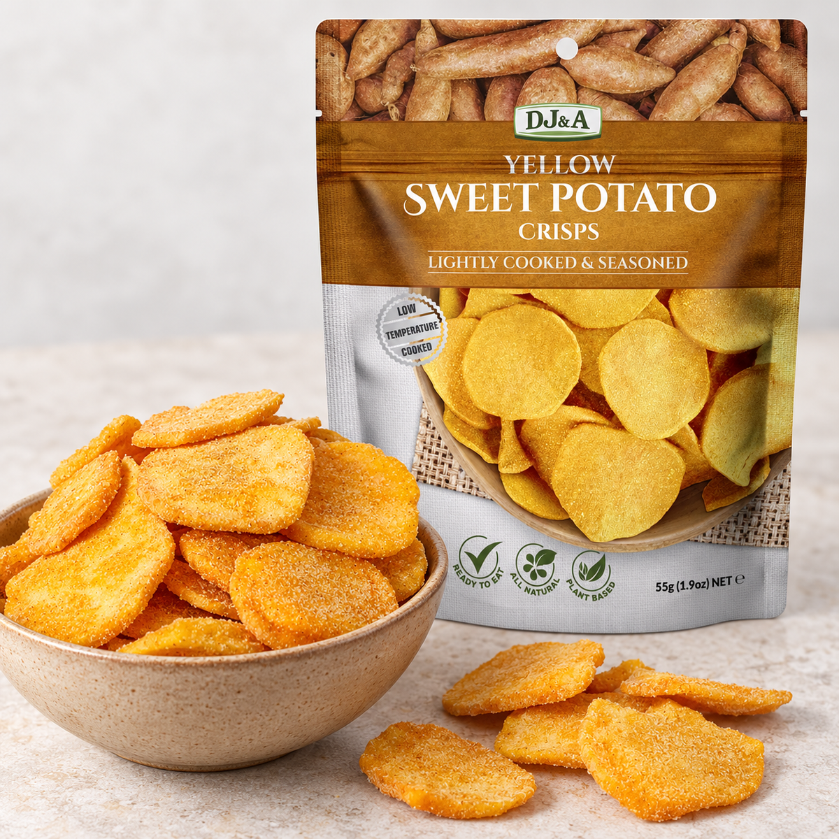 DJ & A Yellow Sweet Potato Crisps, a crunchy vegan snack pack.