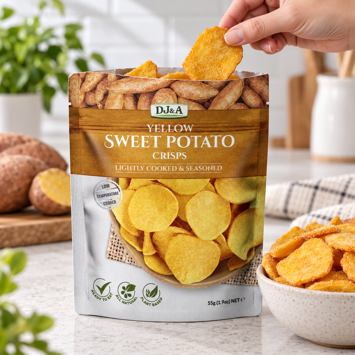 Close-up of DJ & A Yellow Sweet Potato Crisps.