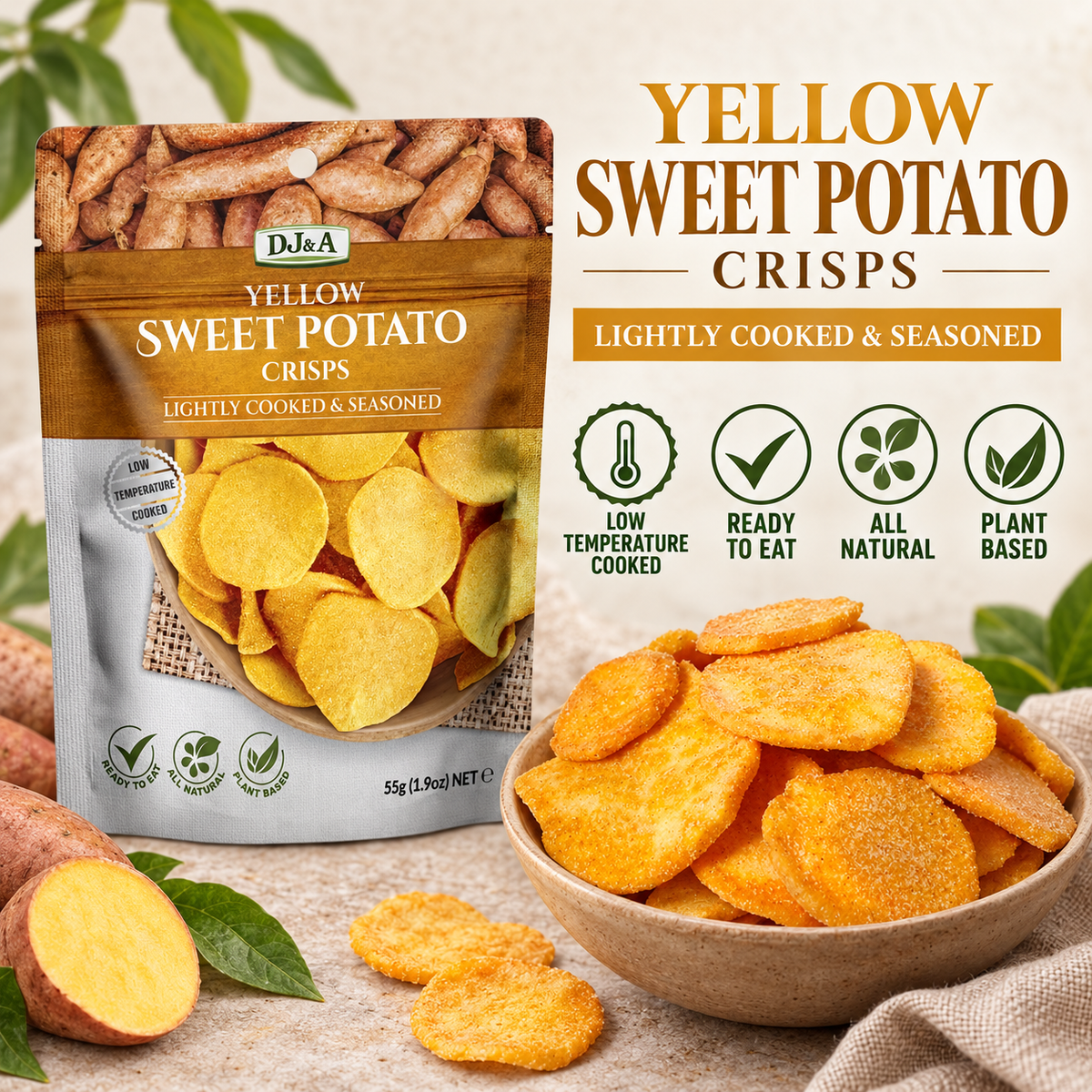 A bag of DJ & A Yellow Sweet Potato Crisps, 55g.