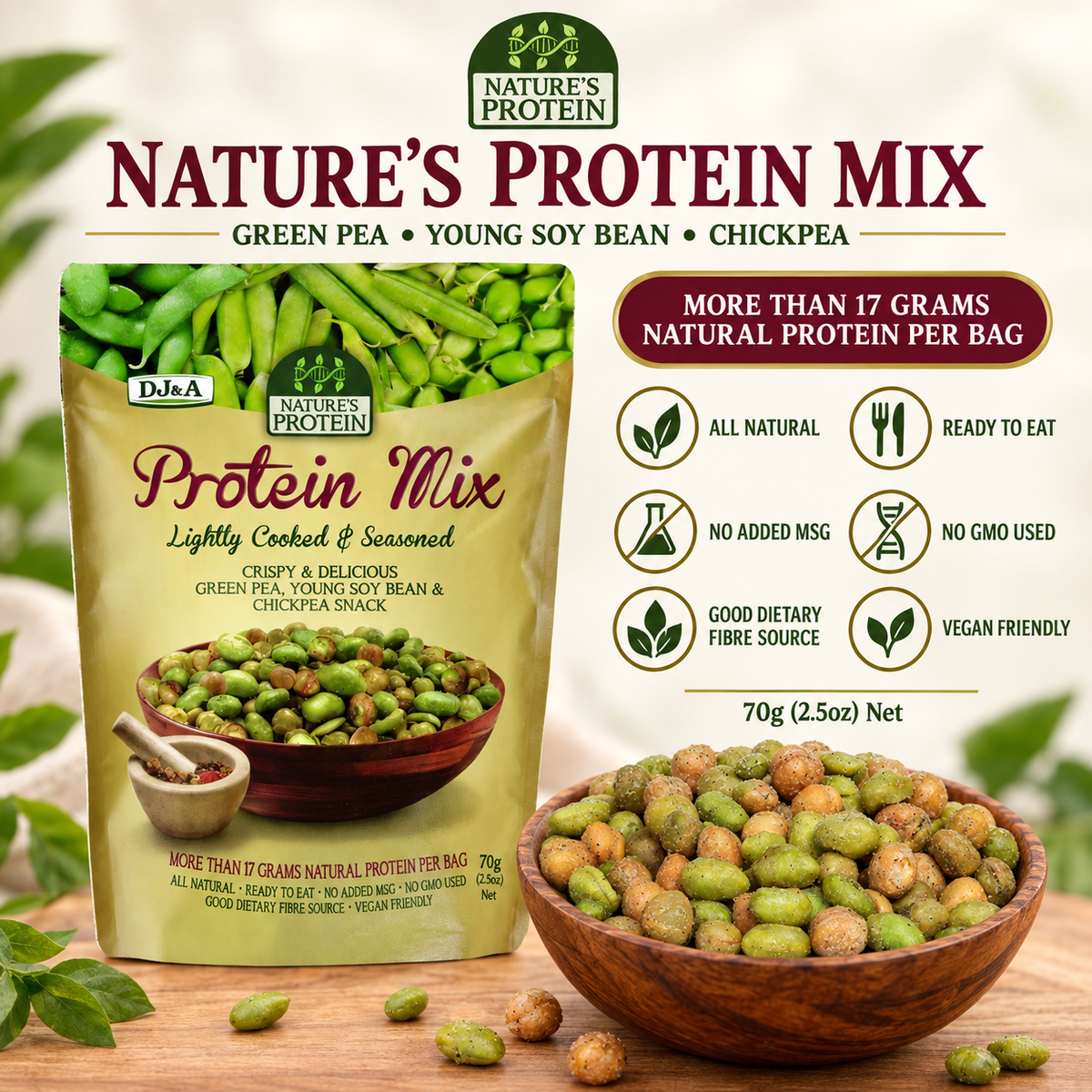A bag of DJ & A Nature's Protein Mix, 70g.