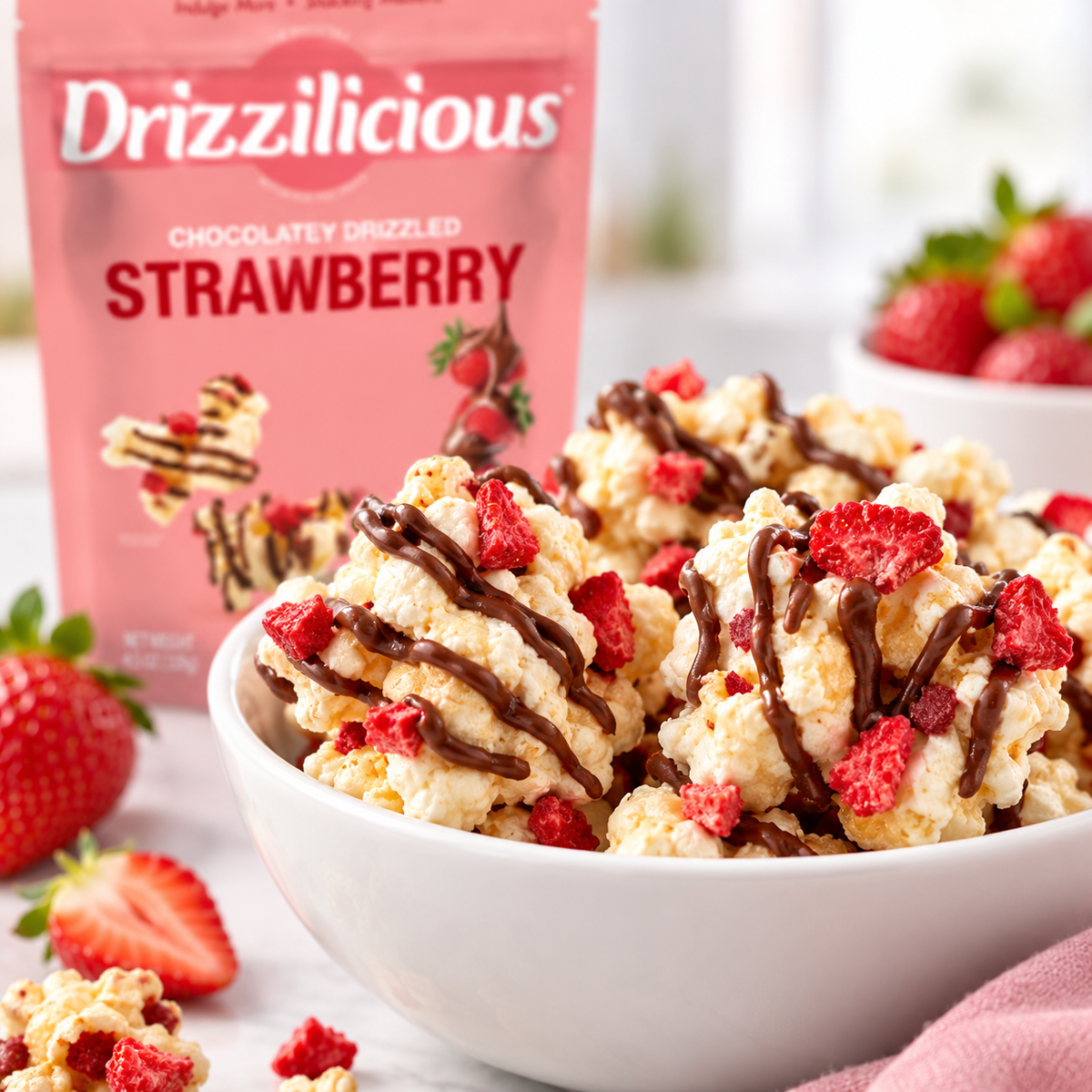 Bag of Drizzilicious Popcorn Chocolaty Strawberry, a fruity drizzled popcorn snack.