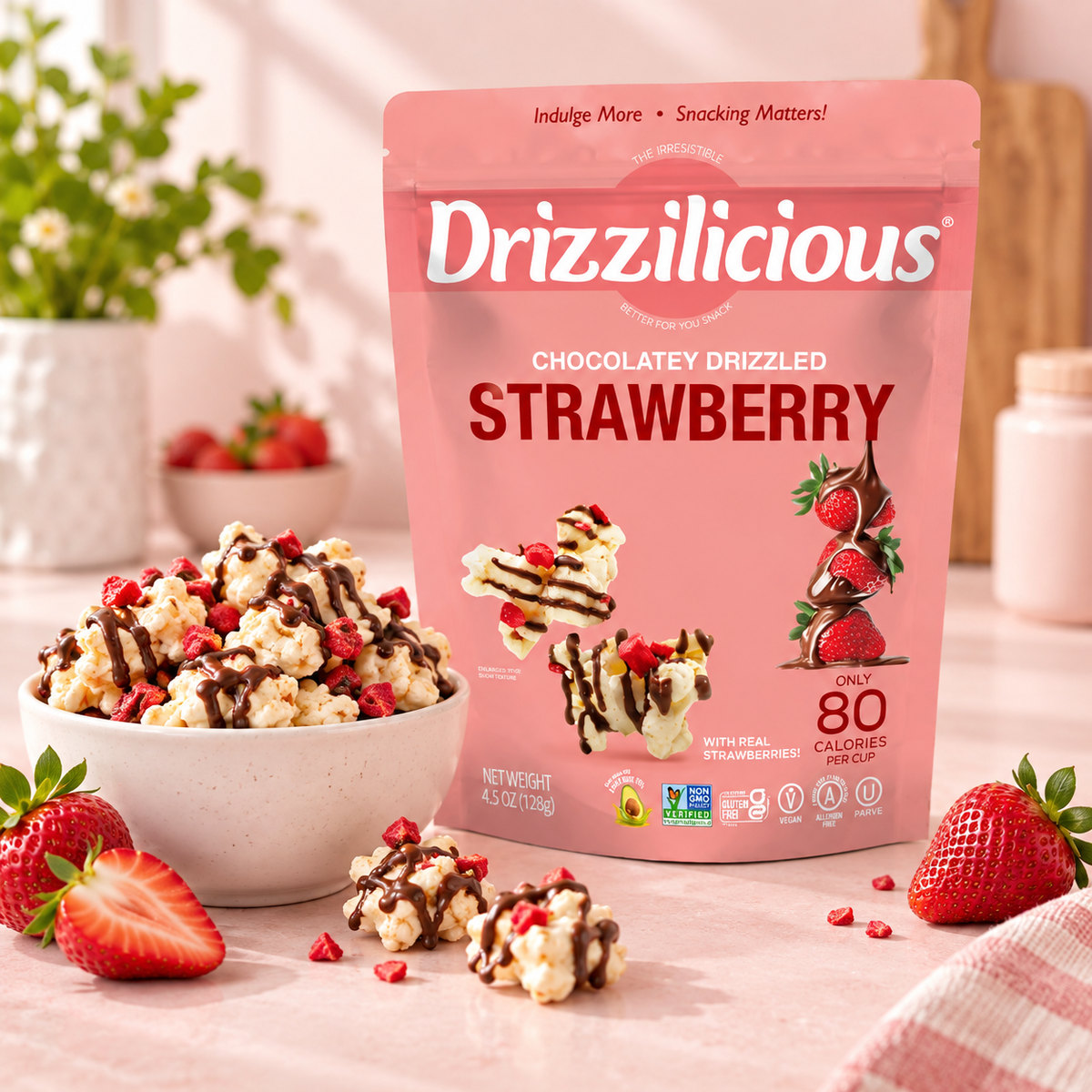 Close-up of Drizzilicious Chocolaty Strawberry popcorn, showing the drizzle coating.