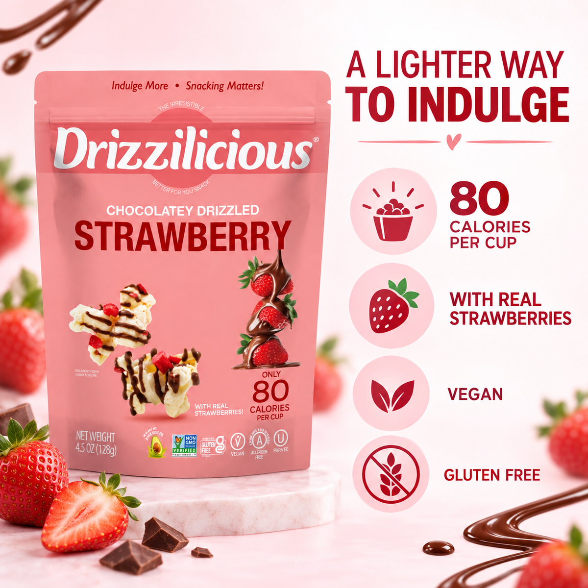 Drizzilicious Popcorn Chocolaty Strawberry 128g pack, a gluten-free kettle-cooked snack.
