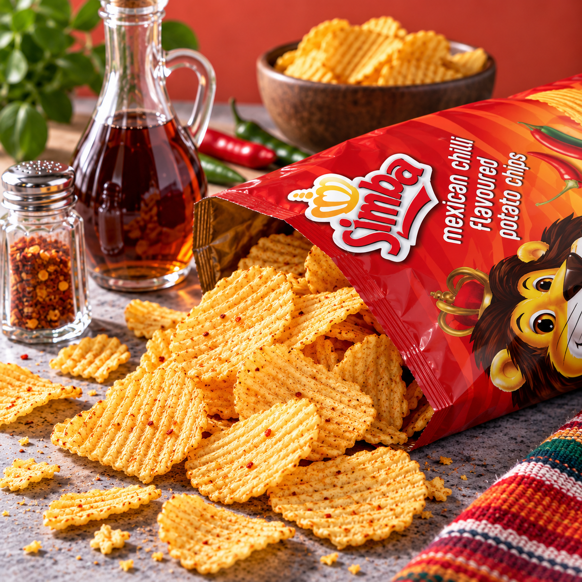 Simba Mexican Chilli potato chips, made with top quality Southern African potatoes.