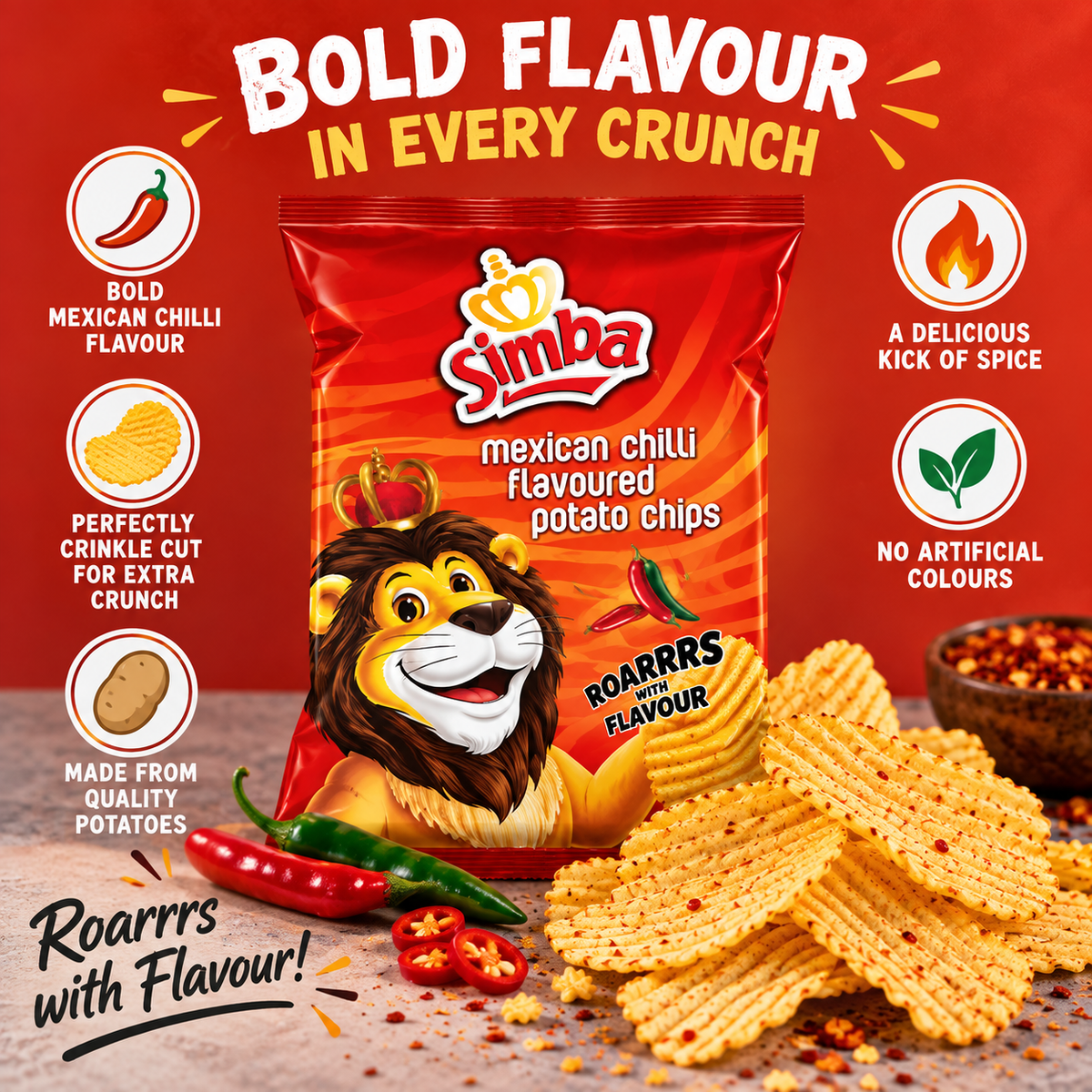 Simba Mexican Chilli chips, ideal for wholesale snack ranges.