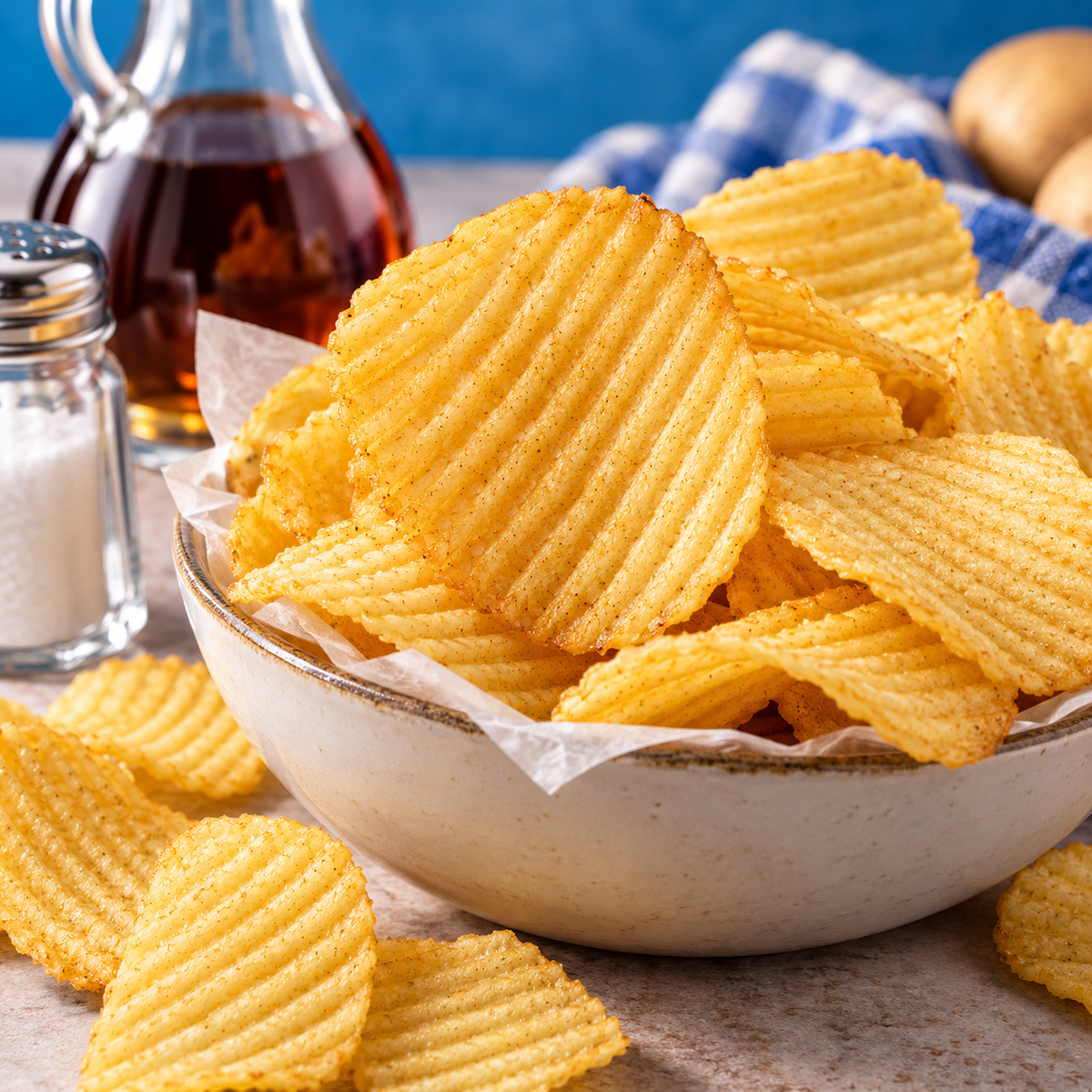 Close-up of crunchy Simba Salt & Vinegar flavoured potato chips.