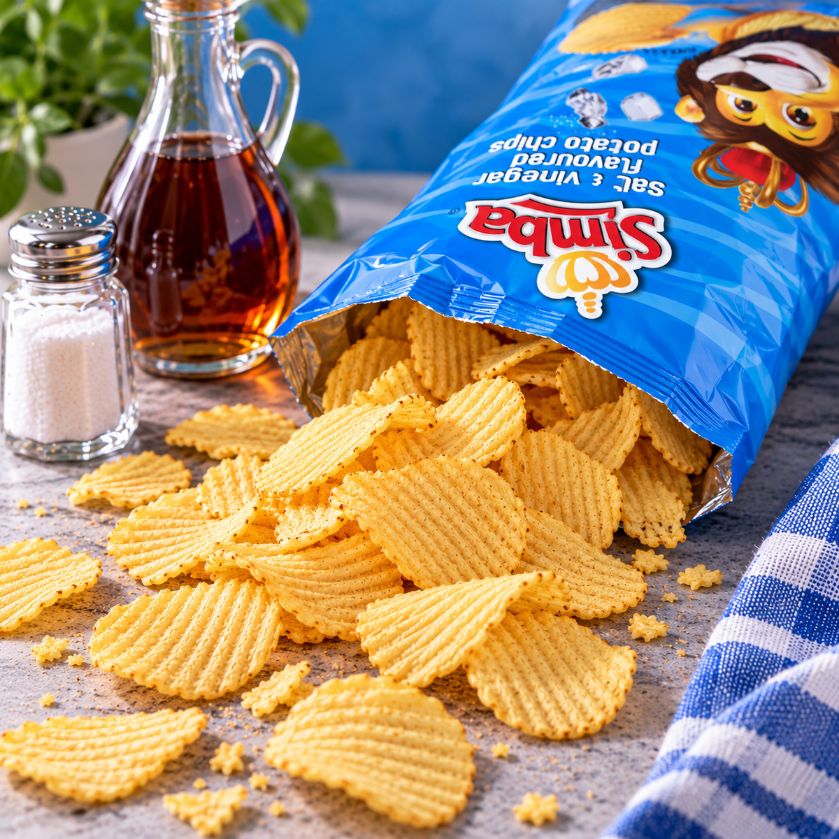 Simba Salt & Vinegar potato chips, made with top quality Southern African potatoes.