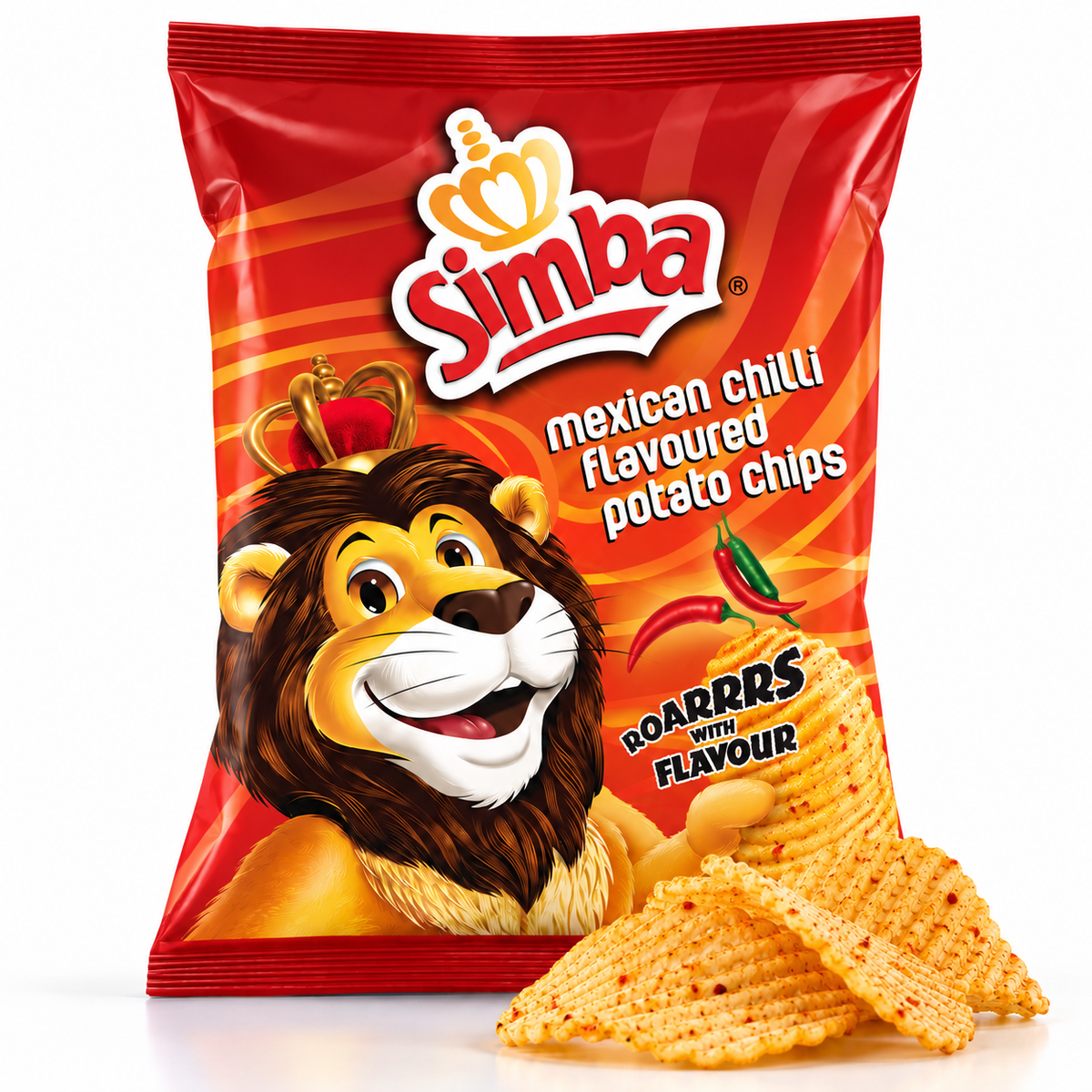 Simba Large Potato Chips Mexican Chilli, 120g bag.