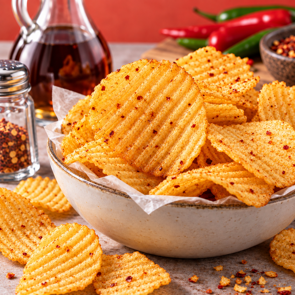 Close-up of crunchy Simba Mexican Chilli flavoured potato chips.