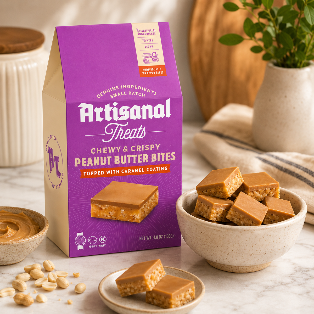Artisanal Treats Chewy & Crispy Peanut Butter Bites with Caramel Coating
