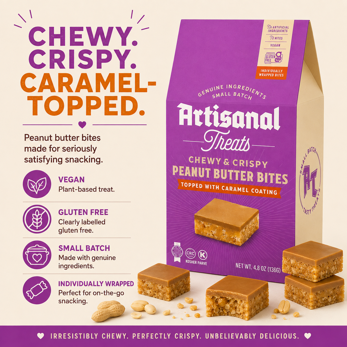 Artisanal Treats Chewy & Crispy Peanut Butter Bites with Caramel Coating