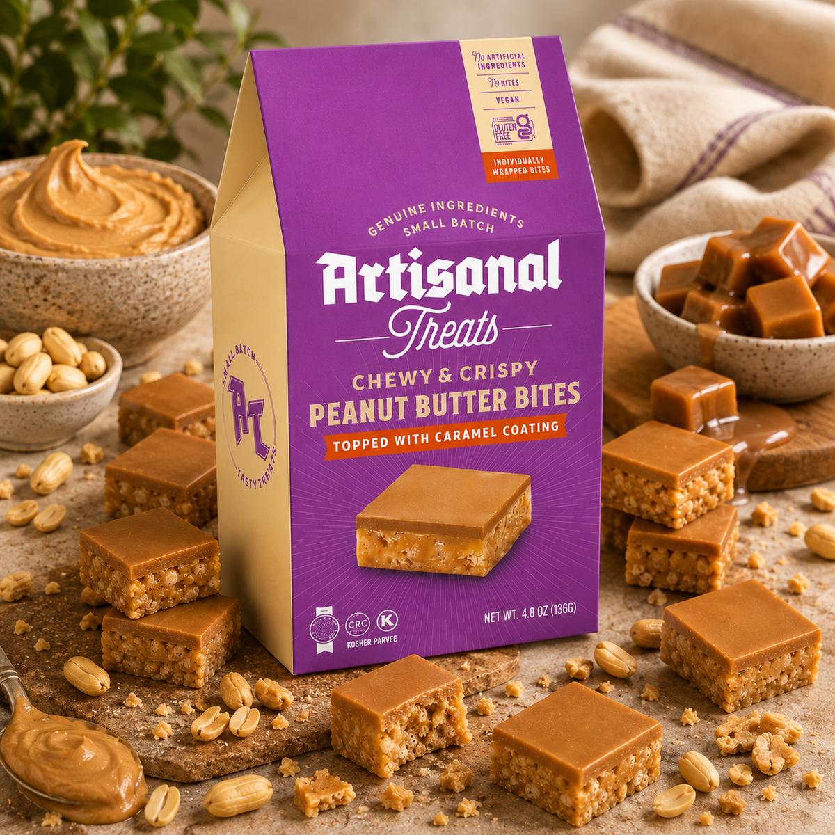 Artisanal Treats Chewy & Crispy Peanut Butter Bites with Caramel Coating