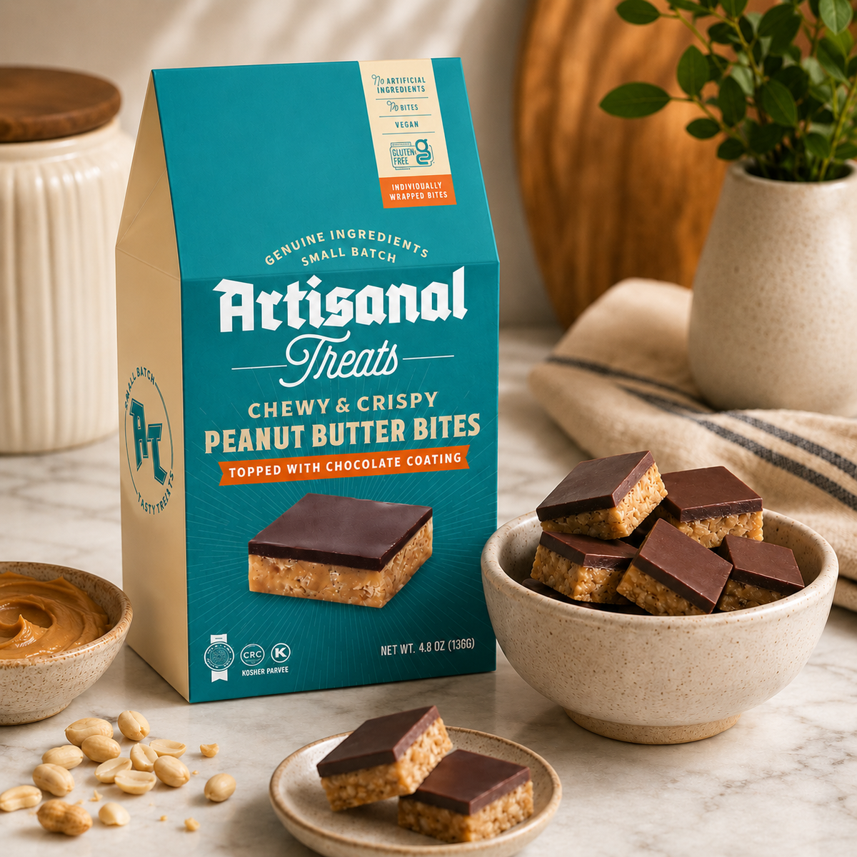 Artisanal Treats Chewy & Crispy Peanut Butter Bites with Chocolate Coating