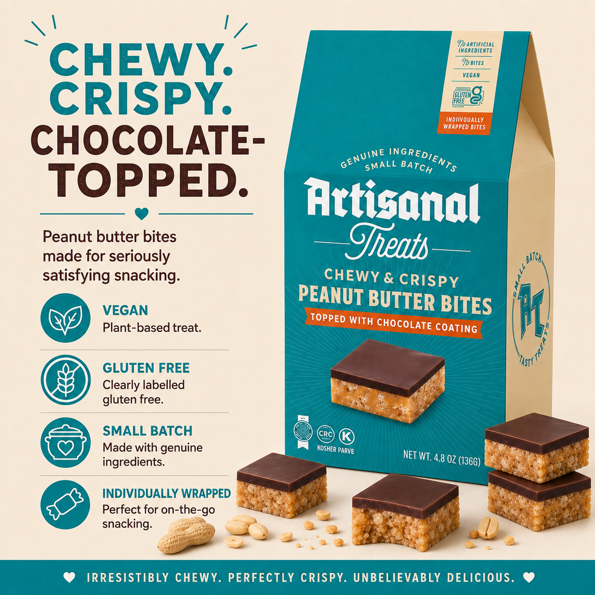 Artisanal Treats Chewy & Crispy Peanut Butter Bites with Chocolate Coating