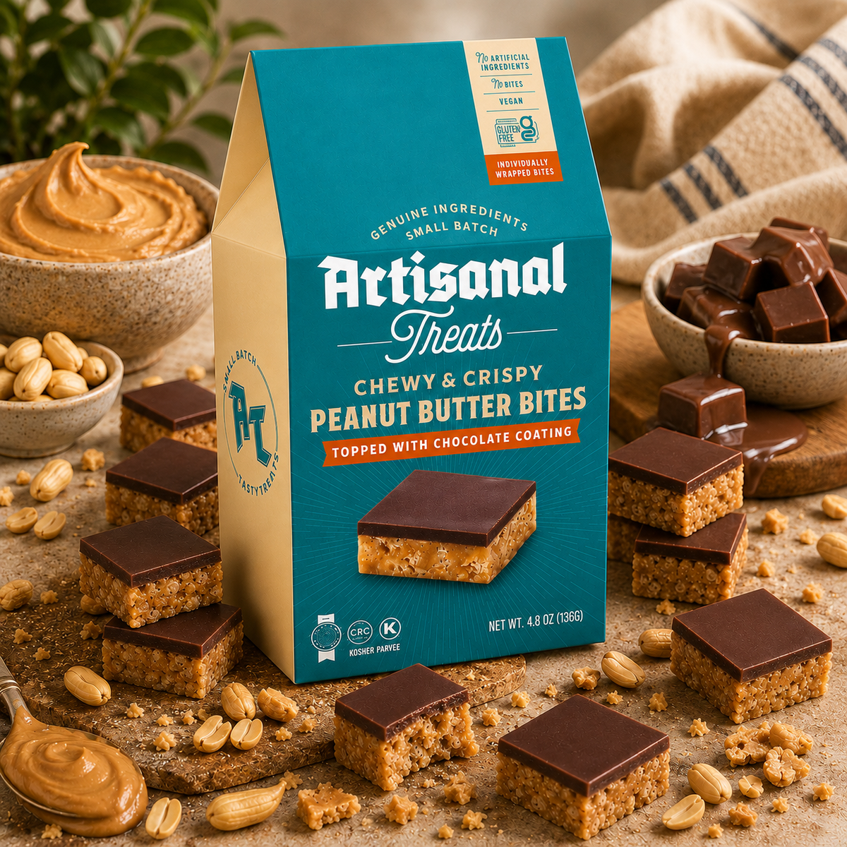 Artisanal Treats Chewy & Crispy Peanut Butter Bites with Chocolate Coating