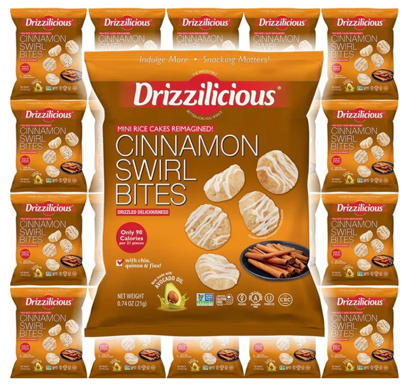 Drizzilicious Cinnamon Bites 21g, a low-calorie snack perfect for lunchboxes.