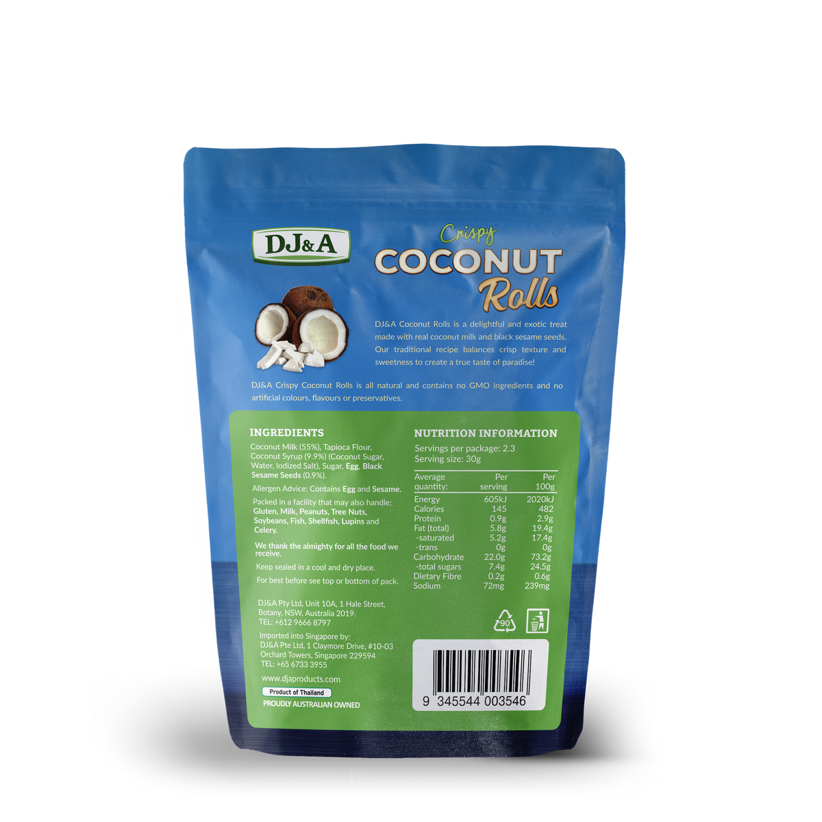 Back of DJ & A Coconut Rolls pack showing nutritional information.