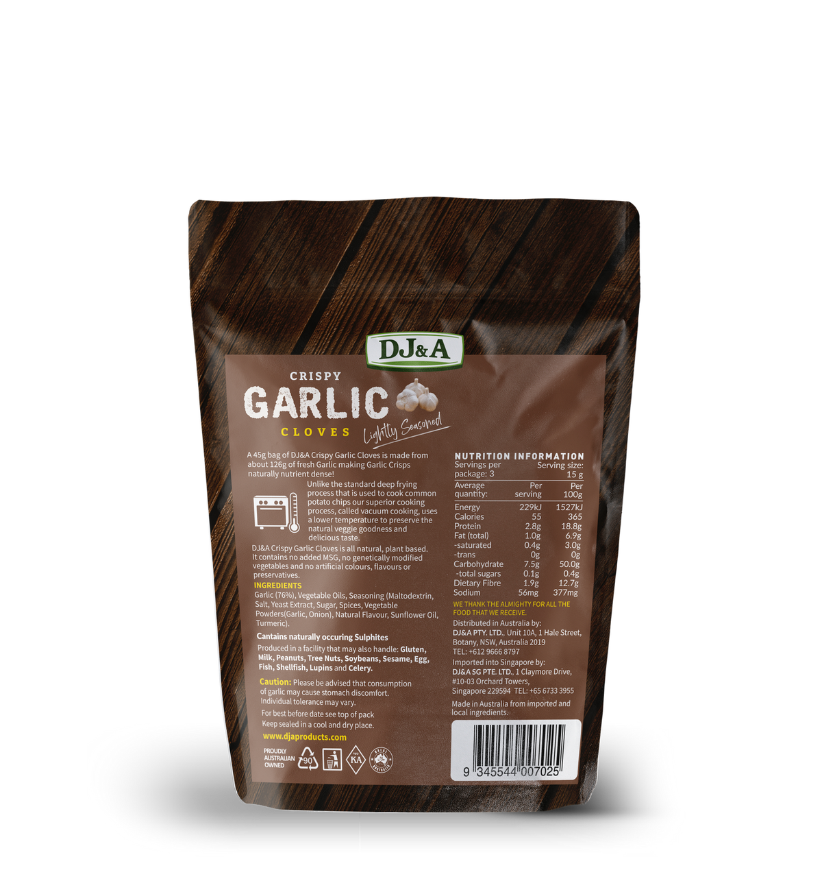 Back of DJ & A Crispy Garlic Cloves pack showing nutritional information.