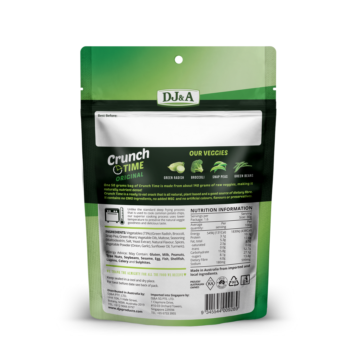 Back of DJ & A Crunch Time Original pack showing nutritional information.