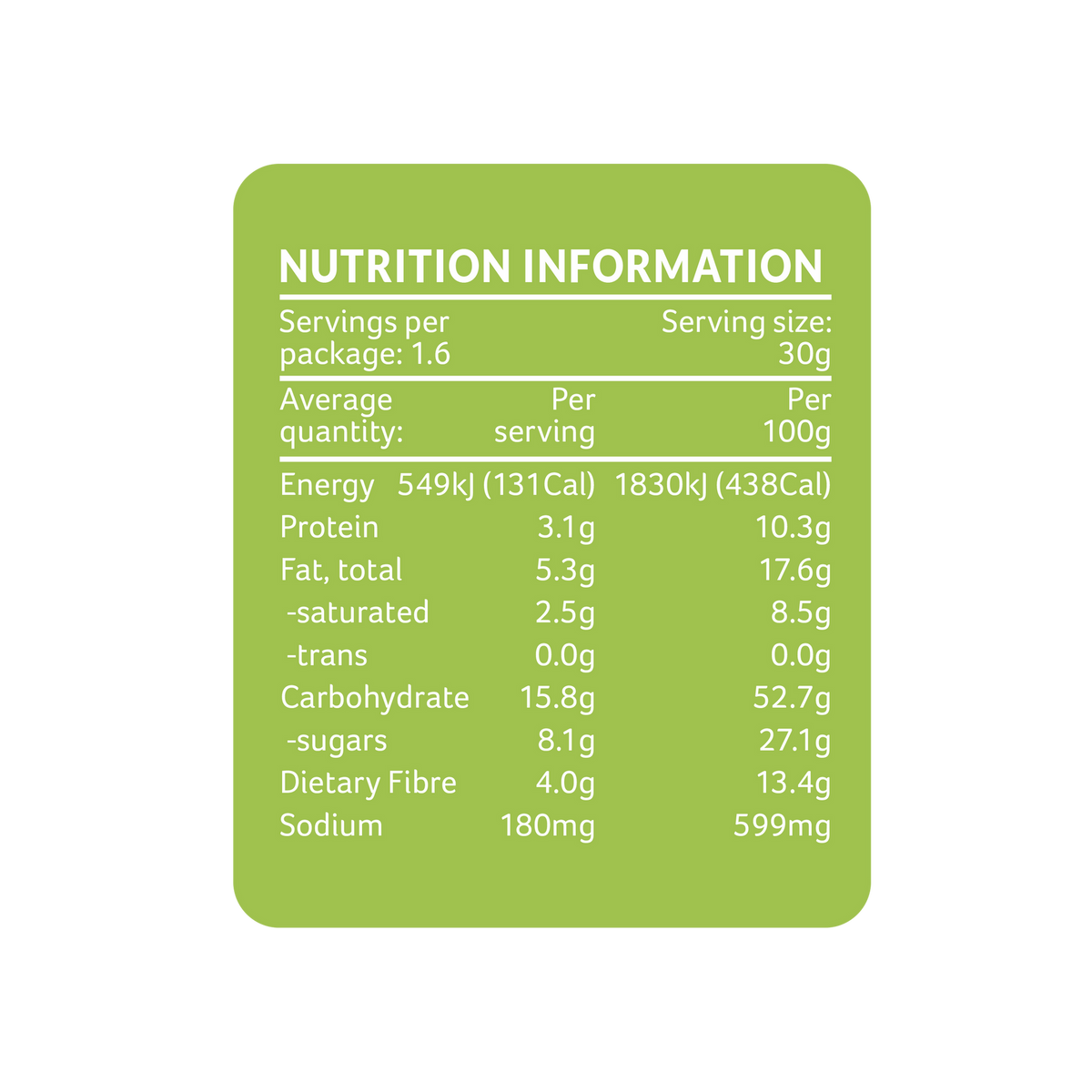 DJ & A Crunch Time Original nutritional panel.