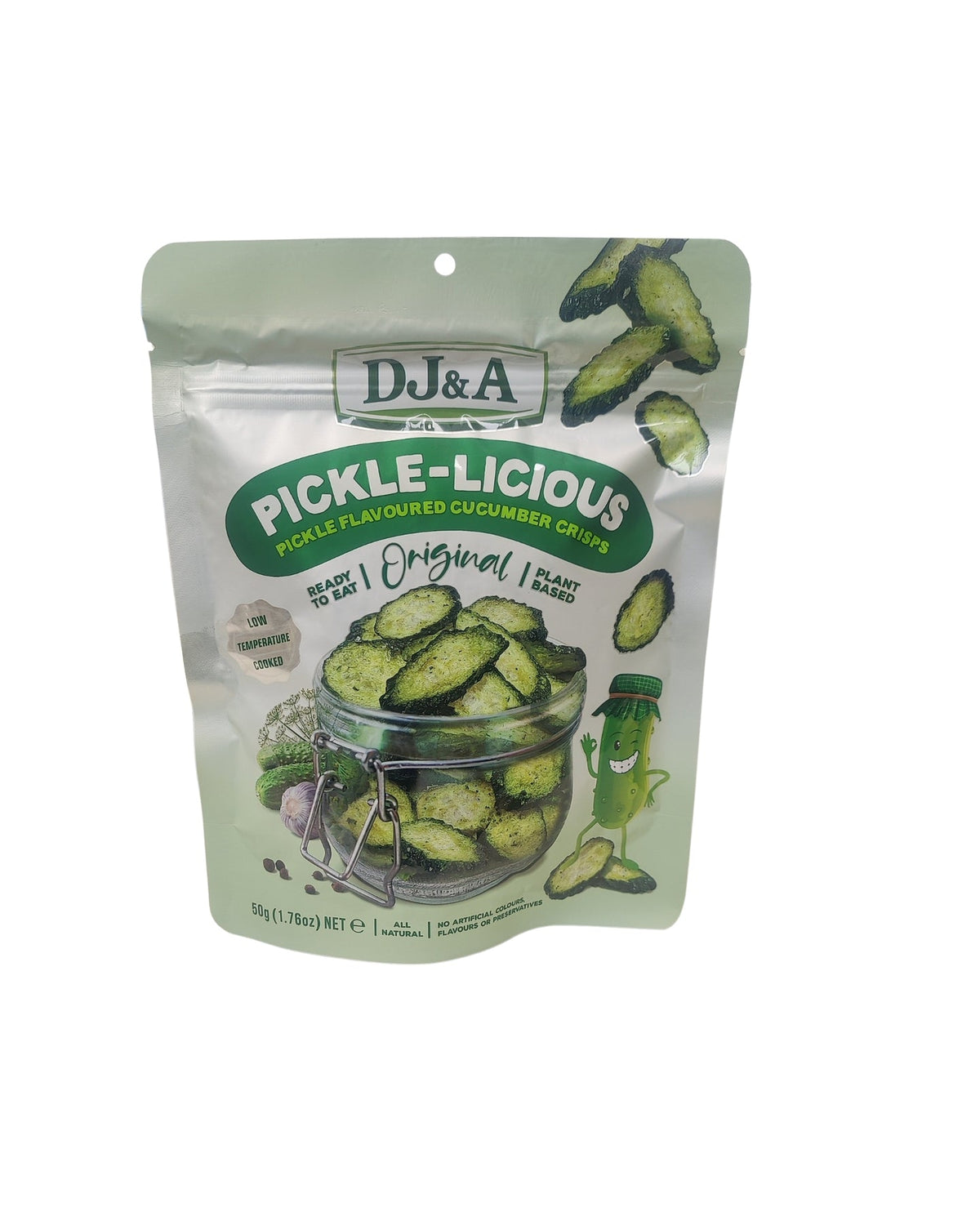 DJ & A Pickle-licious 50g pack - a tangy, crunchy cucumber snack.