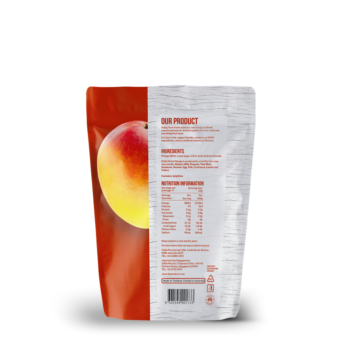 Back of DJ & A Dried Mango pack showing nutritional information, Halal certified.