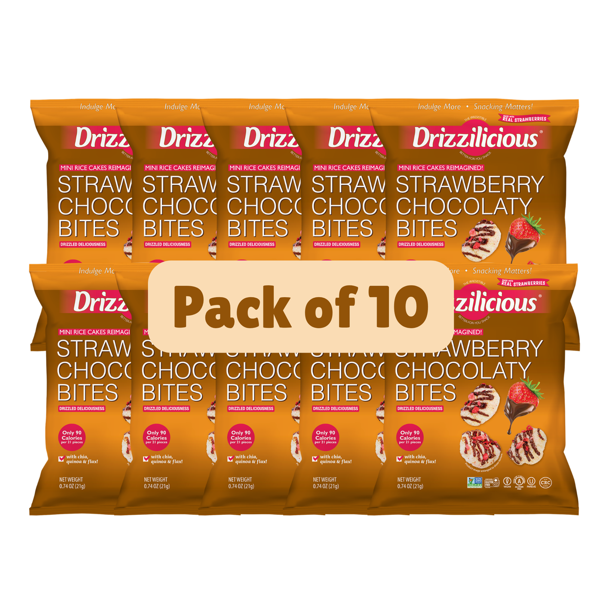Drizzilicious Strawberry Chocolaty Bites, Mini Rice Cakes, 21g - gluten-free and dairy-free, portion-controlled snacking.